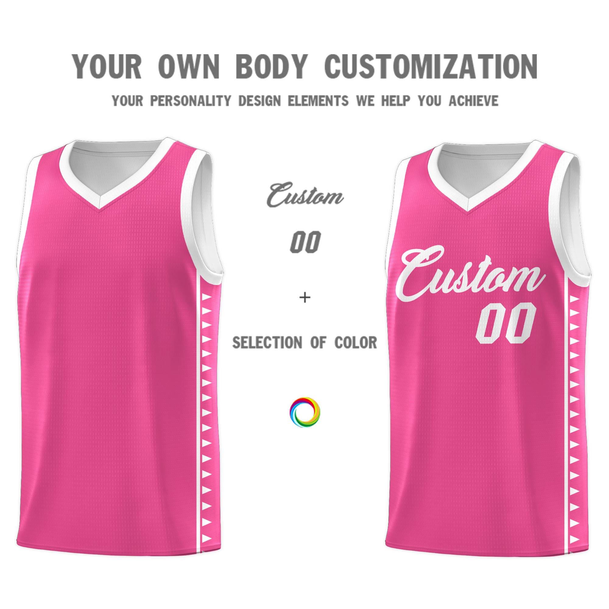 Custom Pink White Basketball Kits With Side Zigzag Pattern