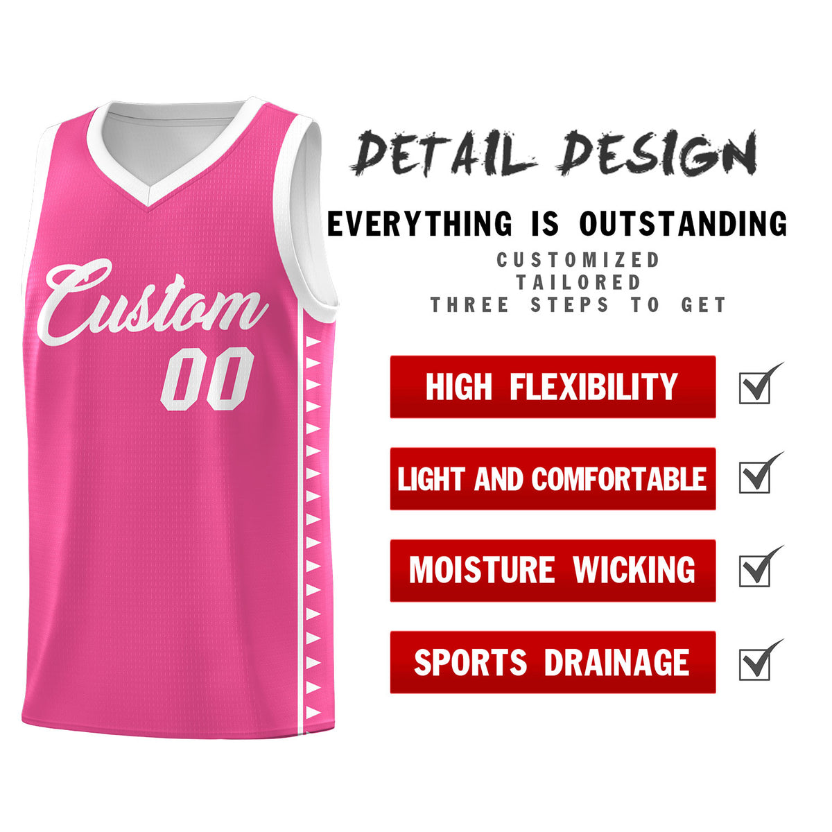 Custom Pink White Basketball Kits With Side Zigzag Pattern