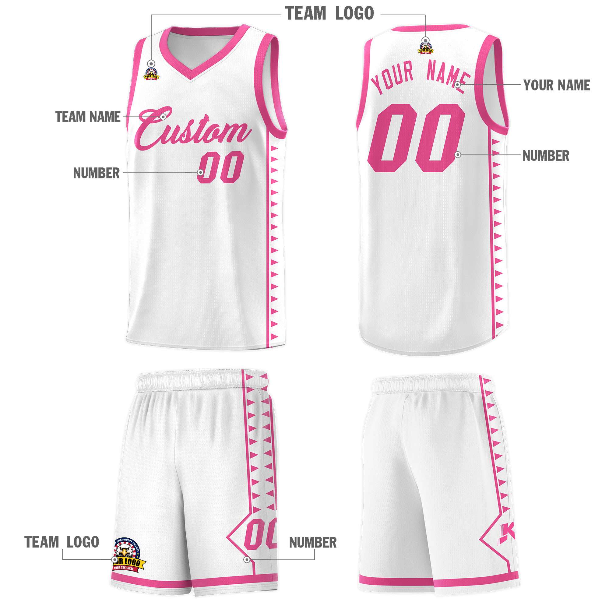Custom White Pink Basketball Kits With Side Zigzag Pattern