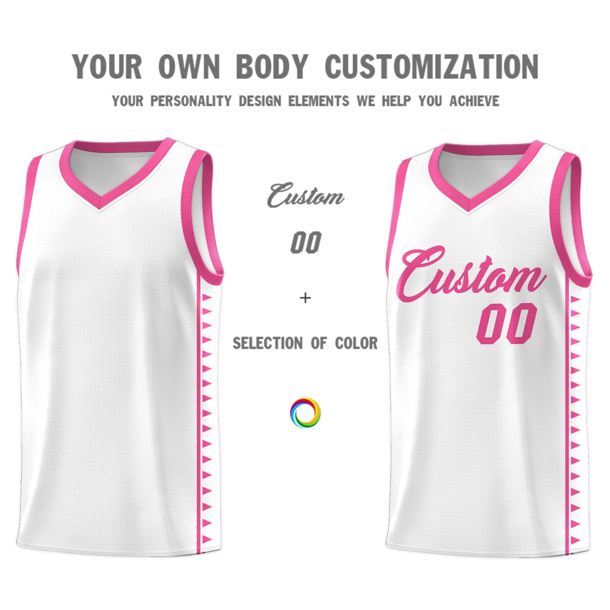 Custom White Pink Basketball Kits With Side Zigzag Pattern