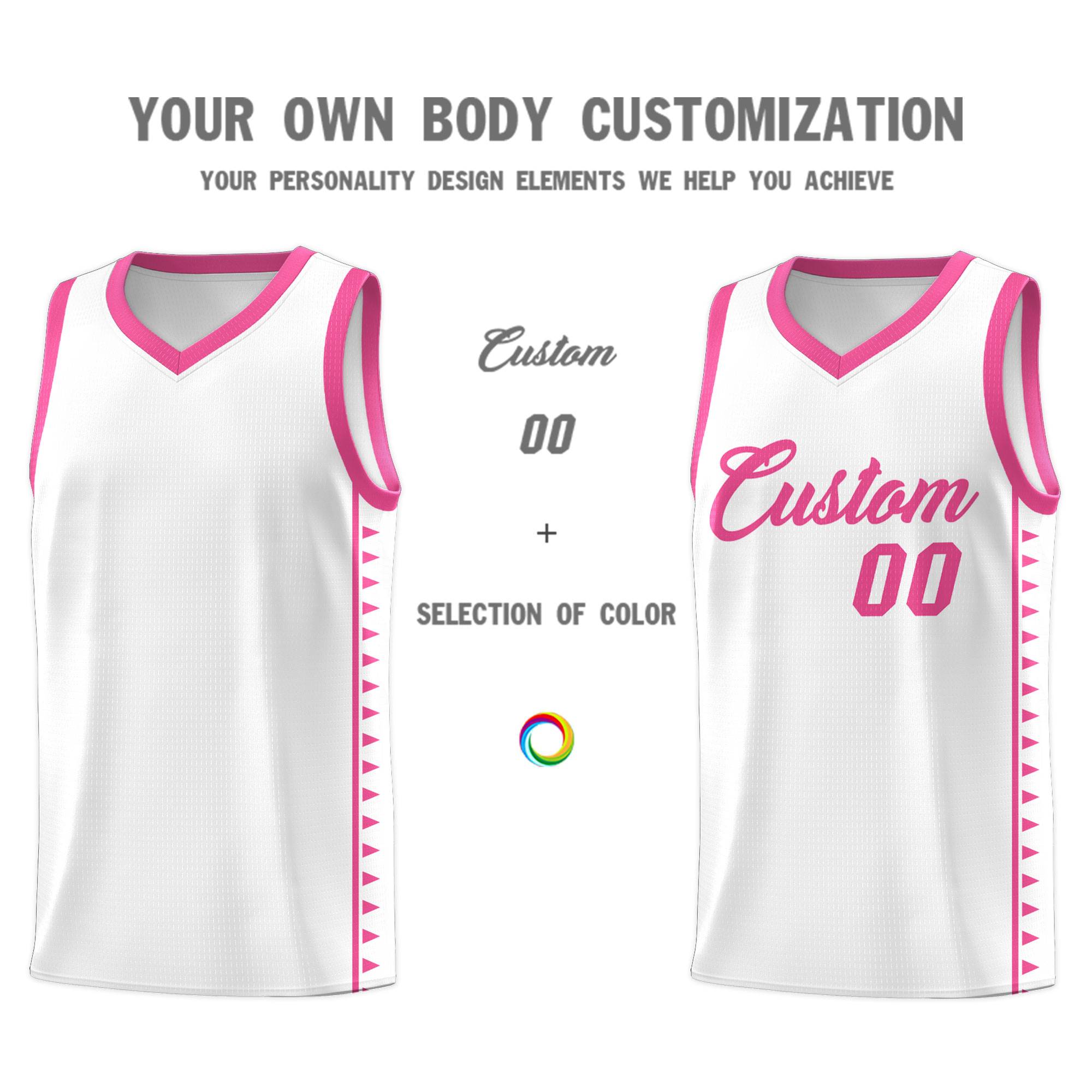 Custom White Pink Basketball Kits With Side Zigzag Pattern