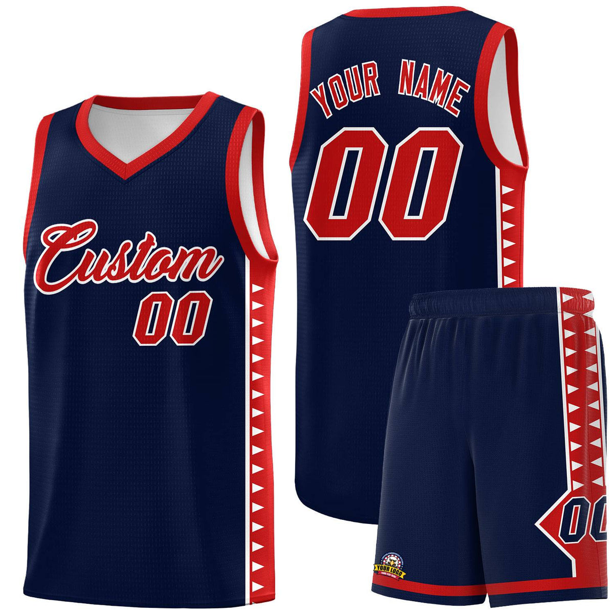Custom Navy Red Basketball Kits With Side Zigzag Pattern