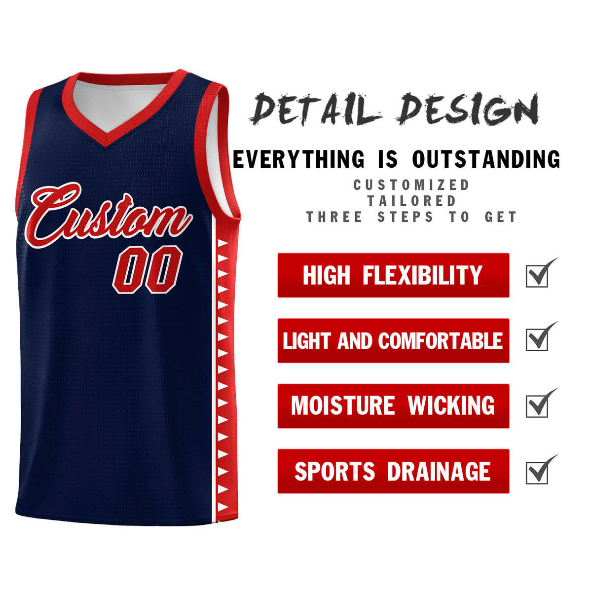 Custom Navy Red Basketball Kits With Side Zigzag Pattern