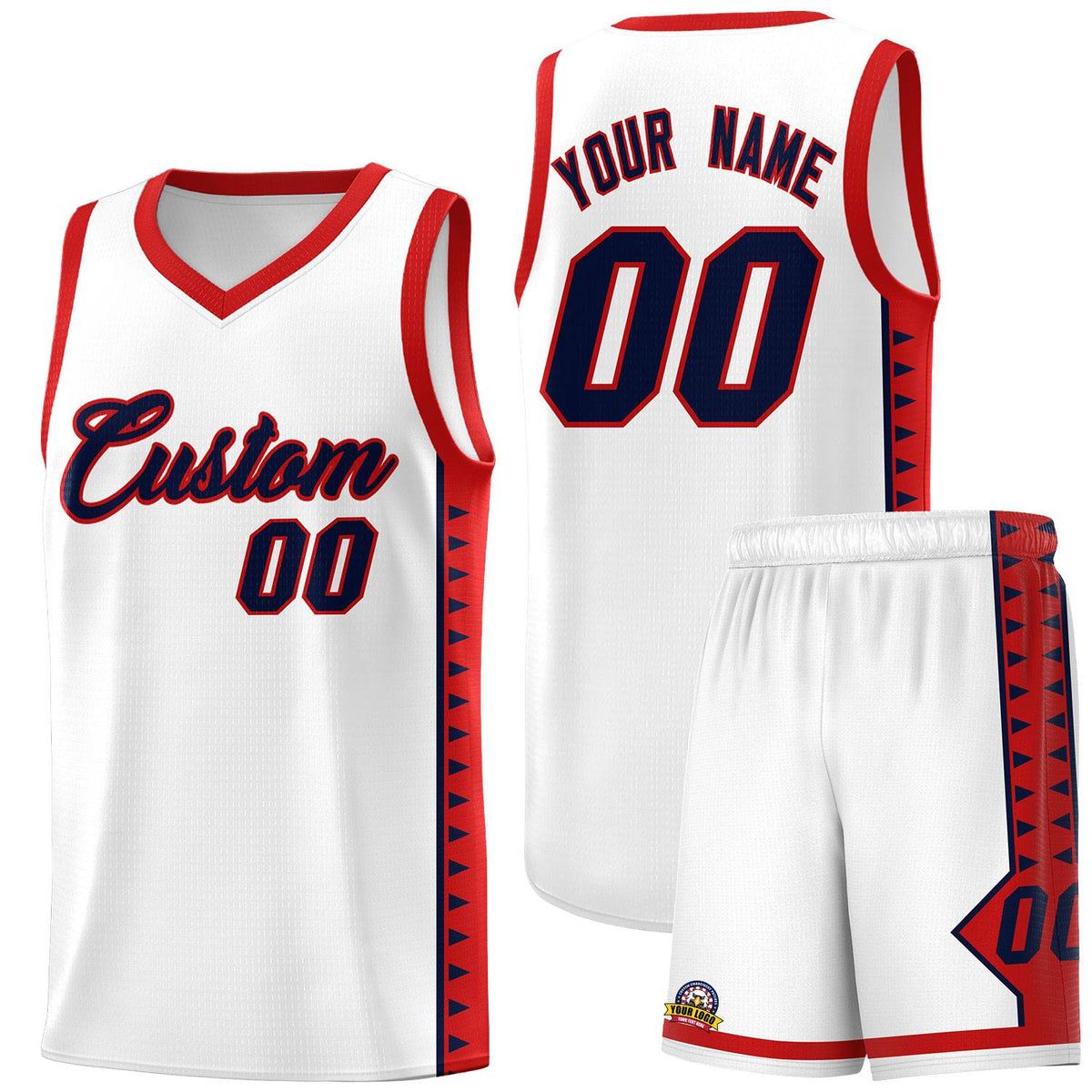 Custom White Red Basketball Kits With Side Zigzag Pattern