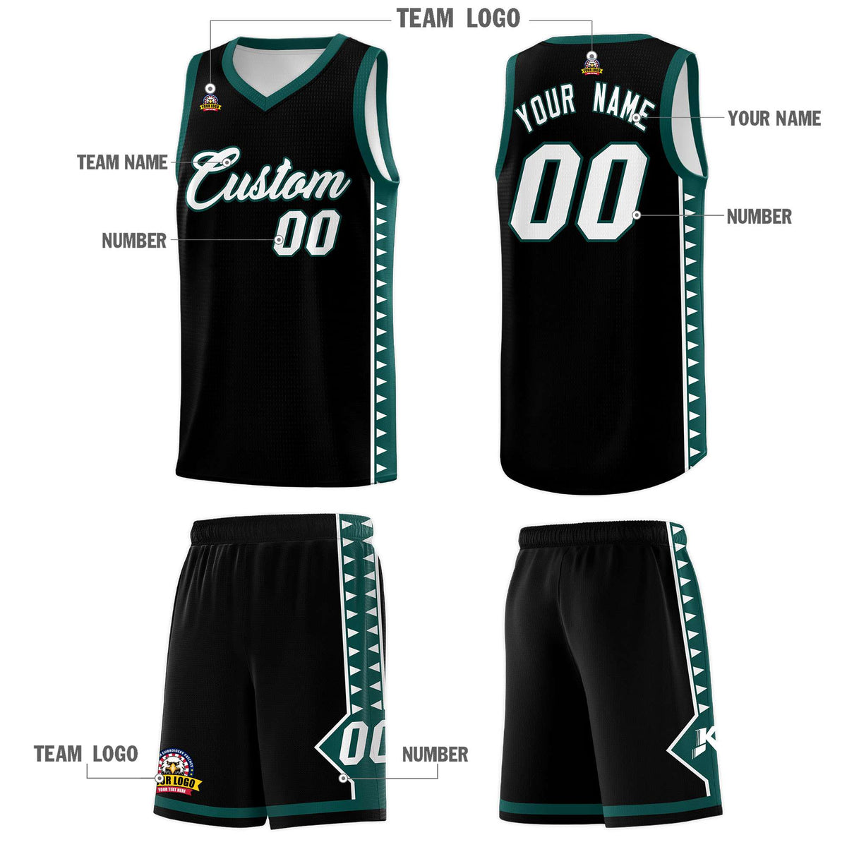Custom Black Midnight Green Basketball Kits With Side Zigzag Pattern