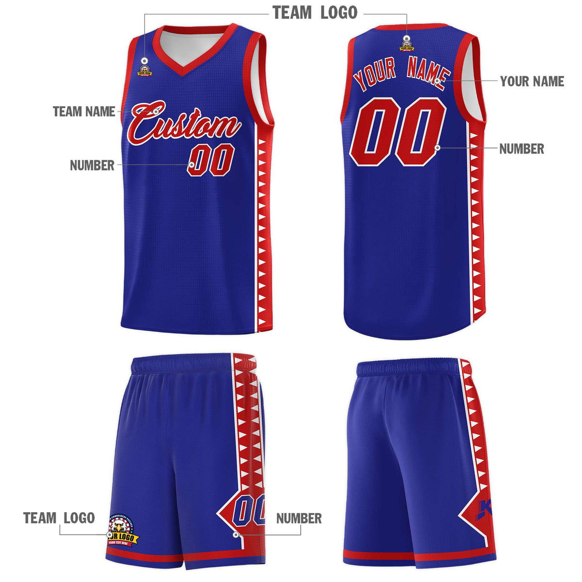 Custom Royal Red Basketball Kits With Side Zigzag Pattern