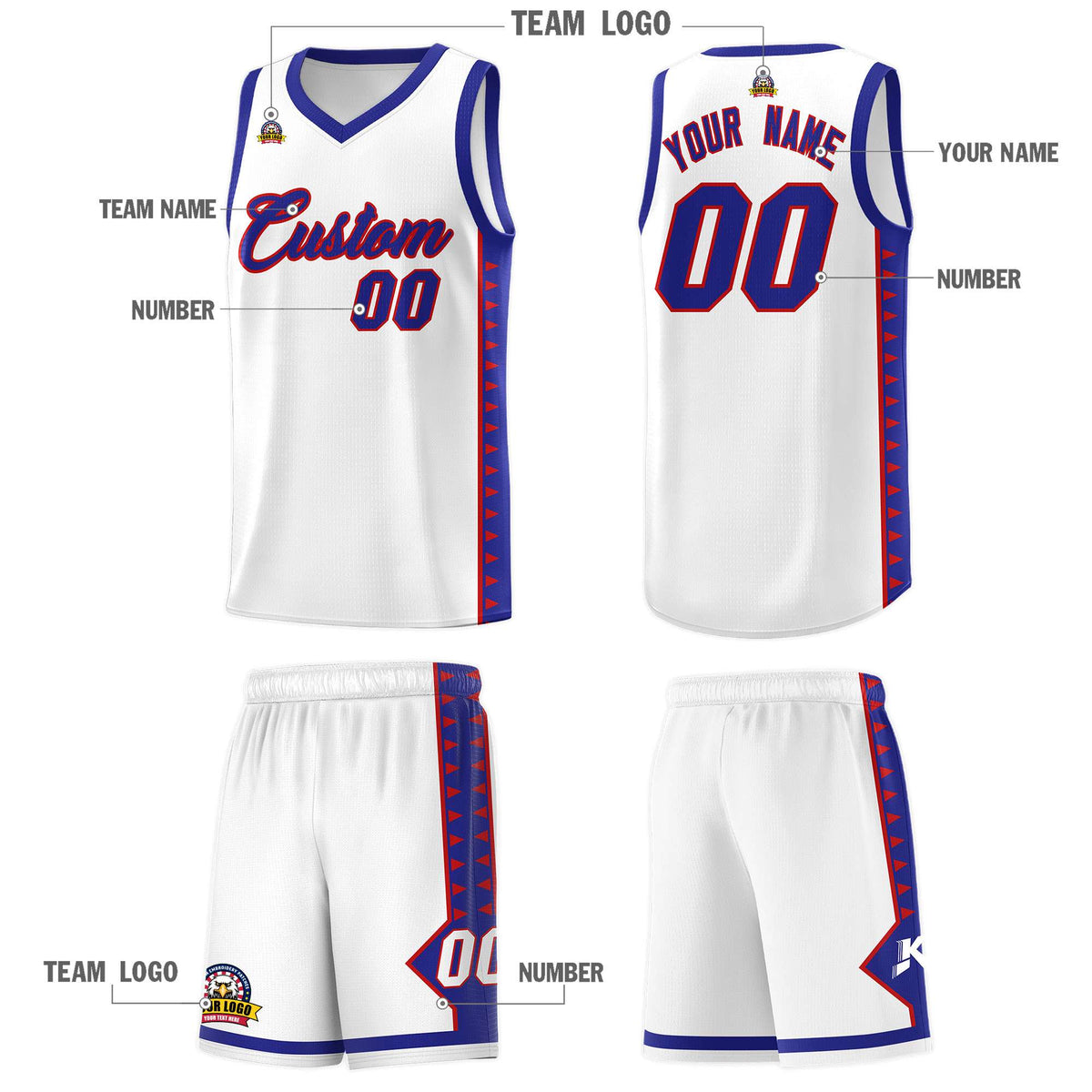 Custom White Royal Basketball Kits With Side Zigzag Pattern