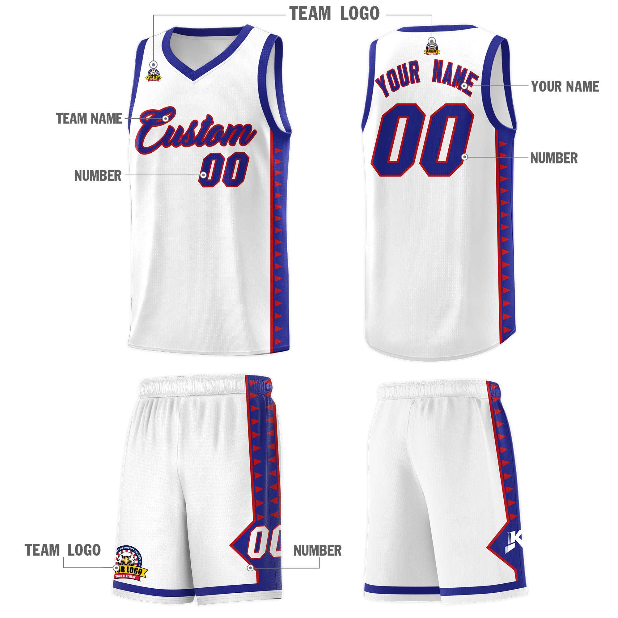 Custom White Royal Basketball Kits With Side Zigzag Pattern
