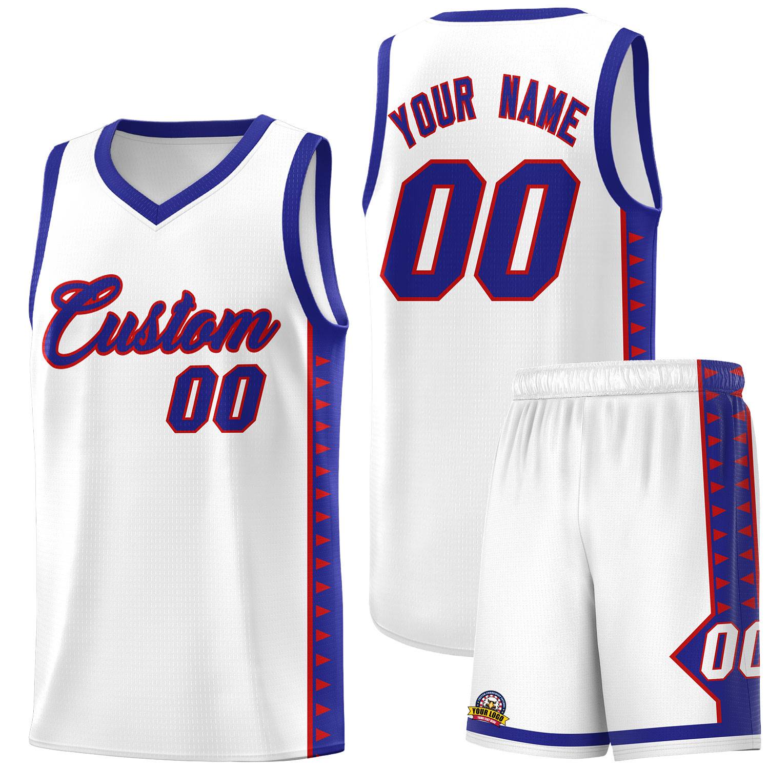 Custom White Royal Basketball Kits With Side Zigzag Pattern