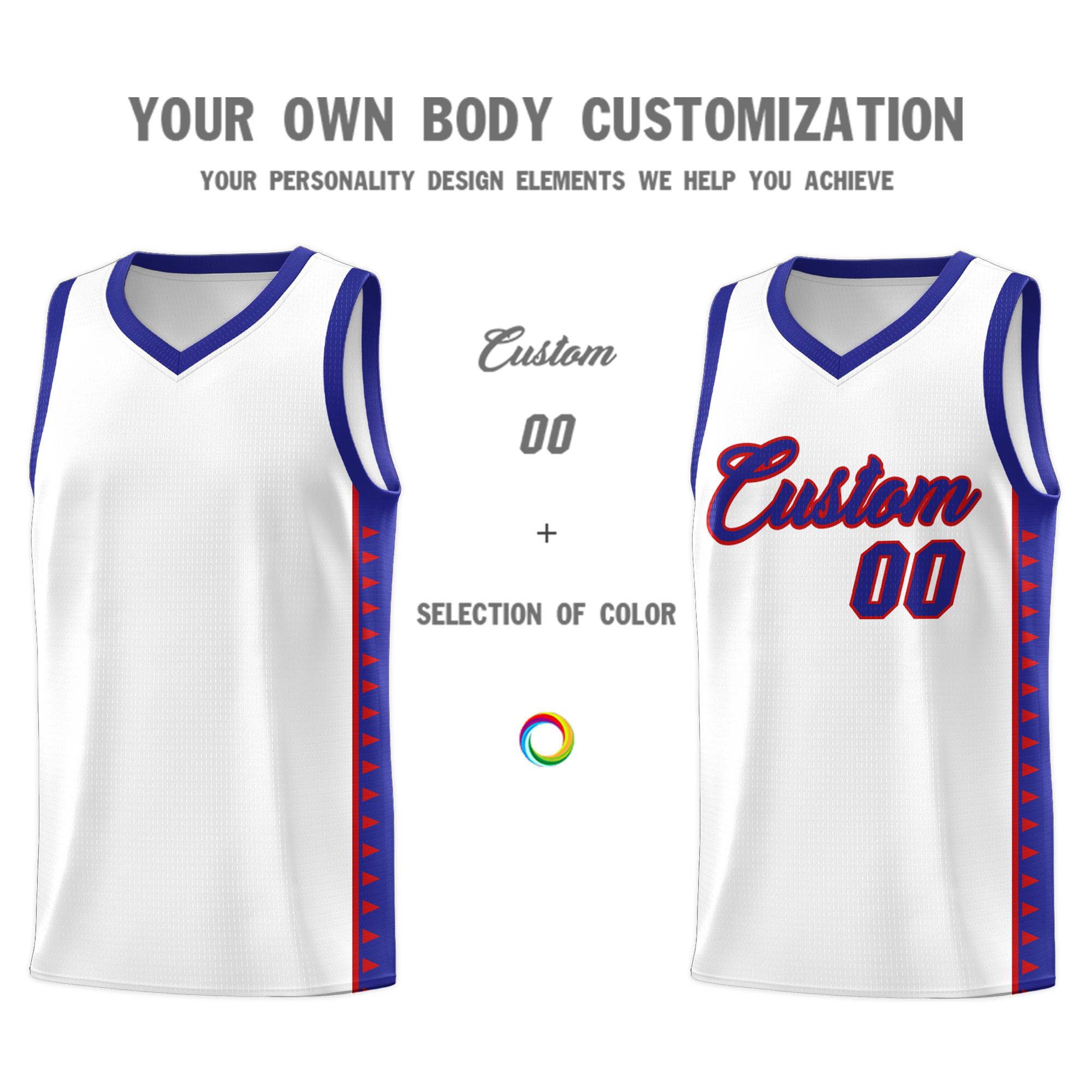 Custom White Royal Basketball Kits With Side Zigzag Pattern