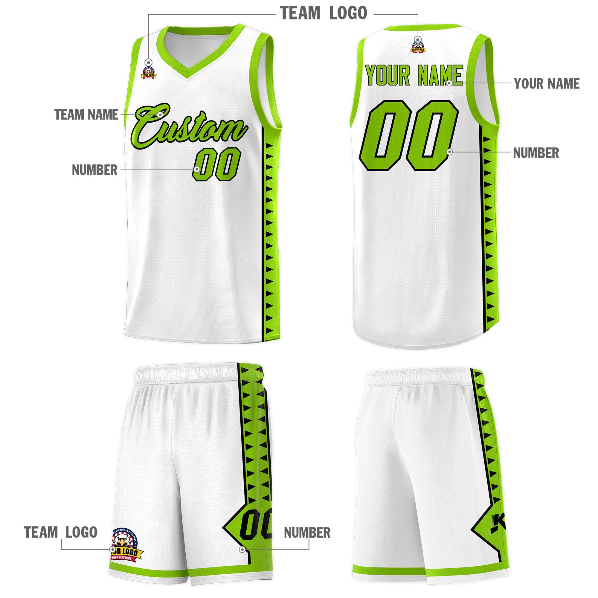 Custom White Neon Green Basketball Kits With Side Zigzag Pattern