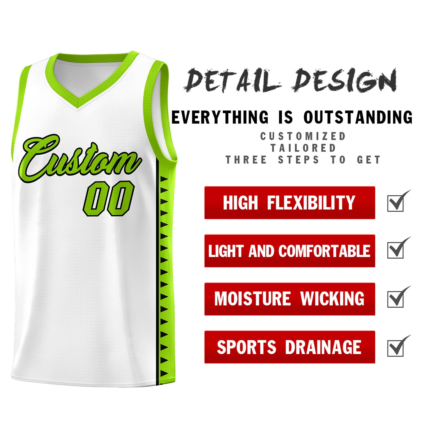 Custom White Neon Green Basketball Kits With Side Zigzag Pattern