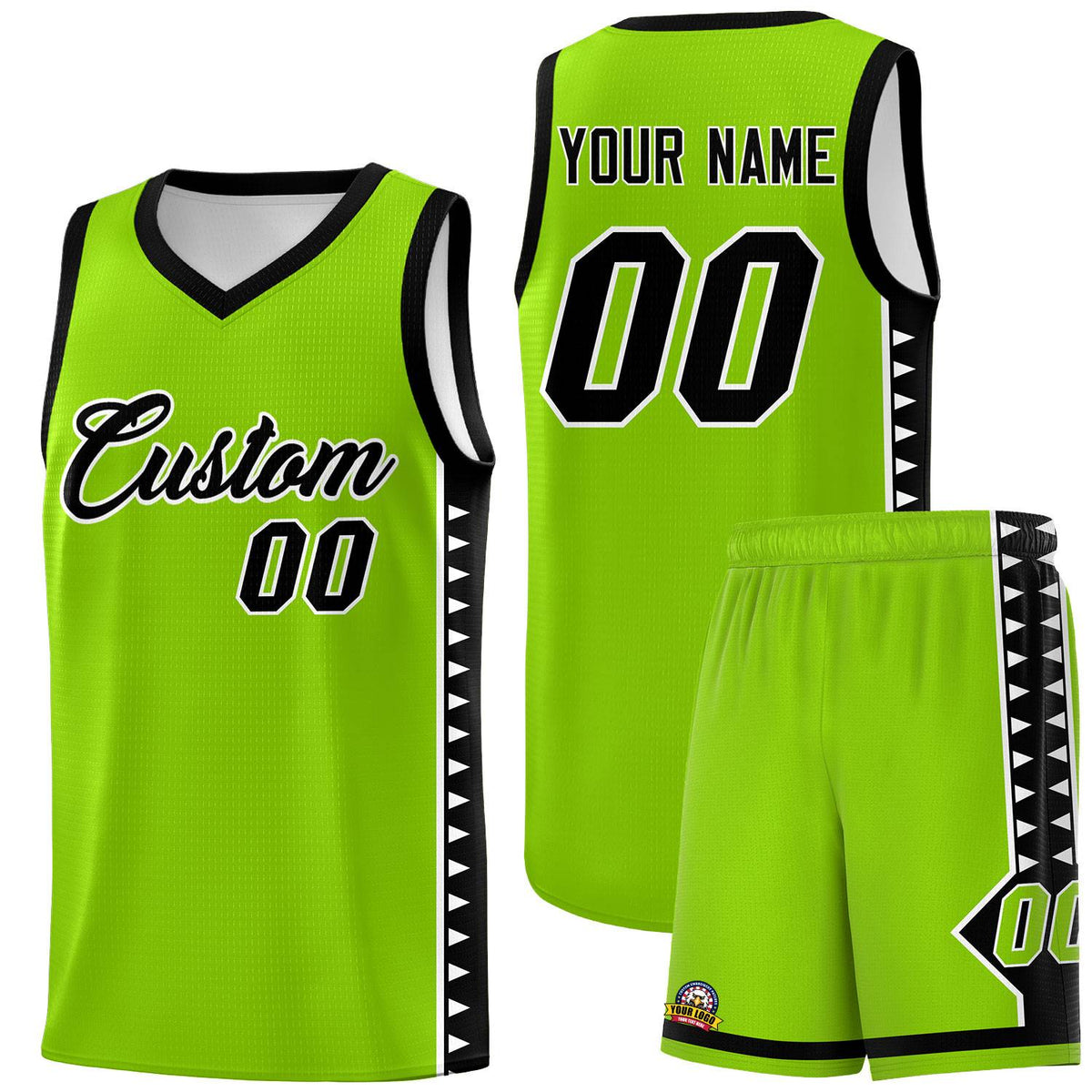 Custom Neon Green Black Basketball Kits With Side Zigzag Pattern