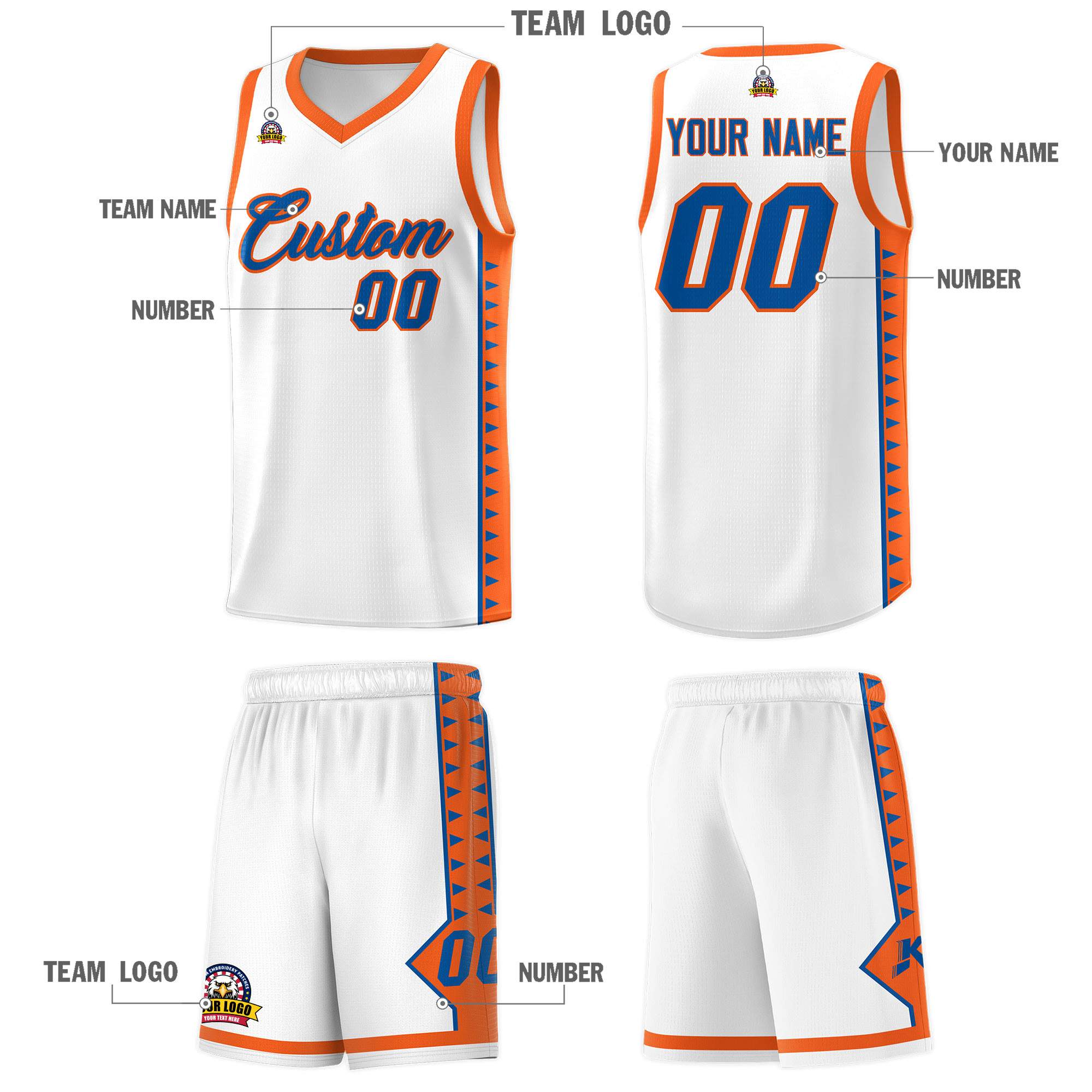 Custom White Orange Basketball Kits With Side Zigzag Pattern