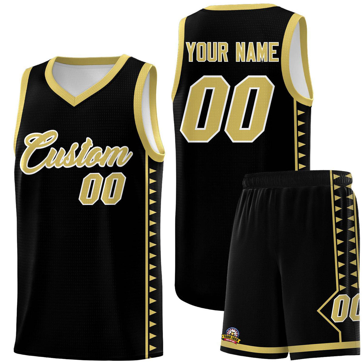 Custom Black Old Gold Basketball Kits With Side Zigzag Pattern