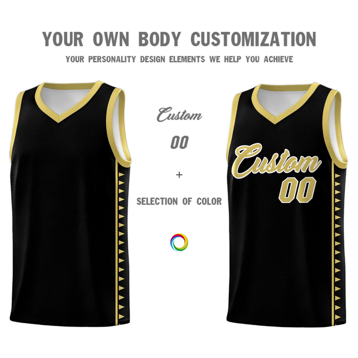 Custom Black Old Gold Basketball Kits With Side Zigzag Pattern