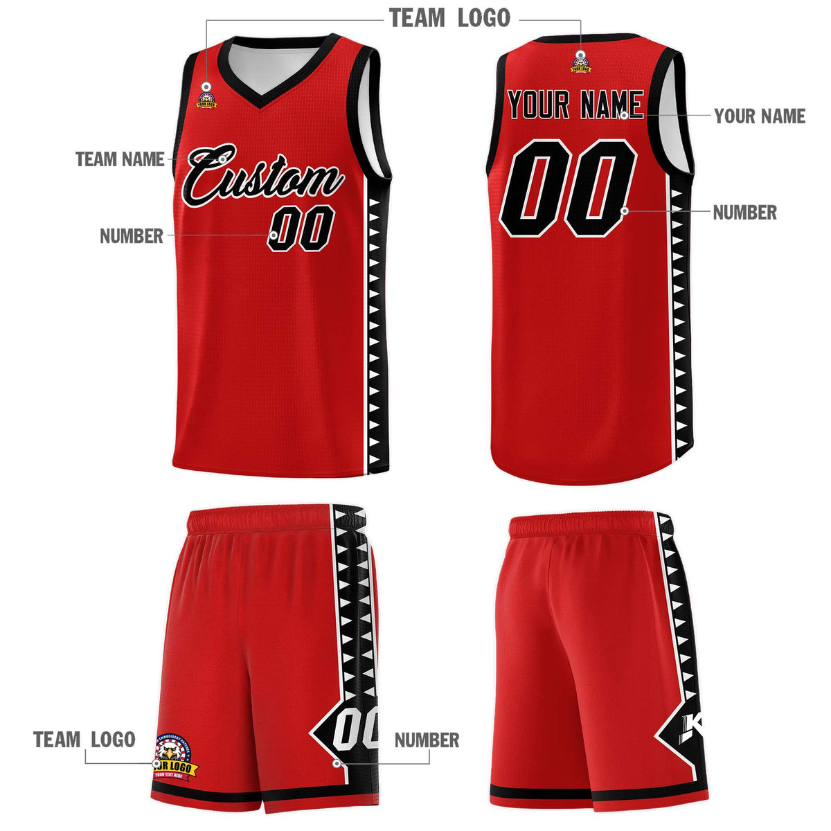 Custom Red Black Basketball Kits With Side Zigzag Pattern