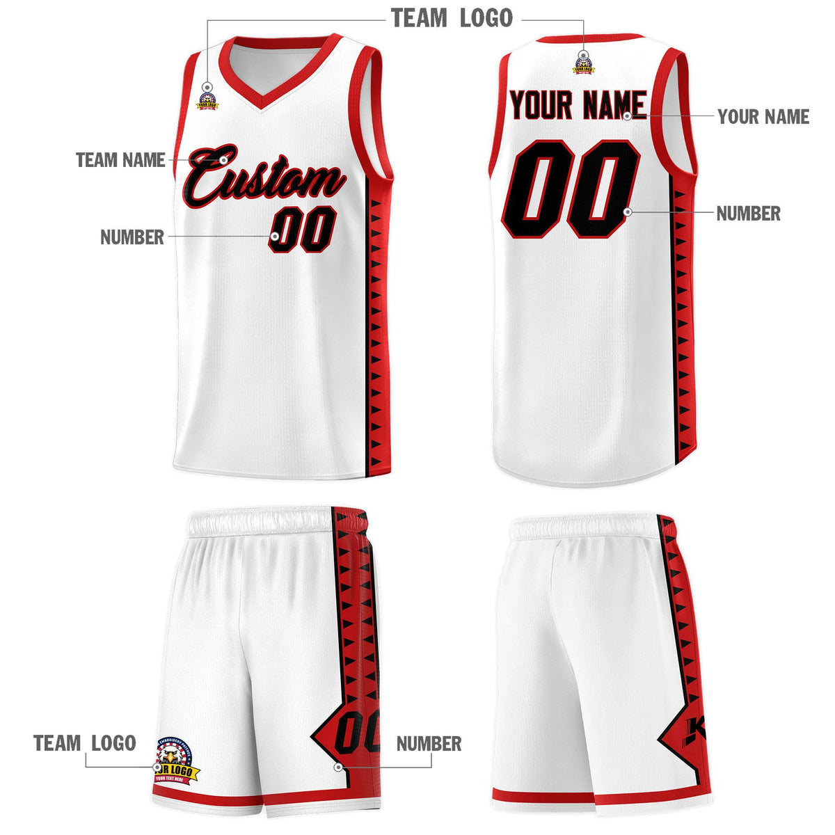 Custom White Red Basketball Kits With Side Zigzag Pattern