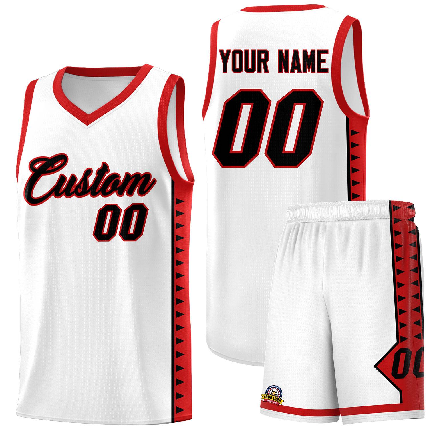Custom White Red Basketball Kits With Side Zigzag Pattern