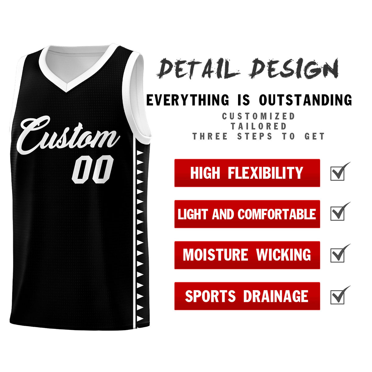 Custom Black White Basketball Kits With Side Zigzag Pattern