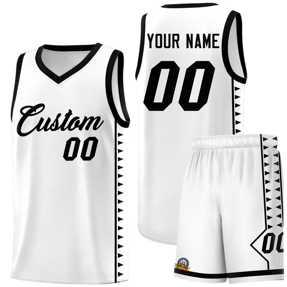 Custom White Black Basketball Kits With Side Zigzag Pattern