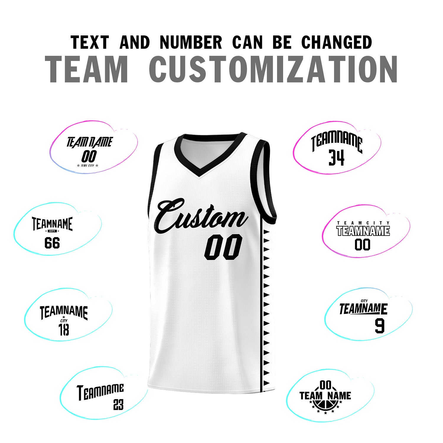 Custom White Black Basketball Kits With Side Zigzag Pattern