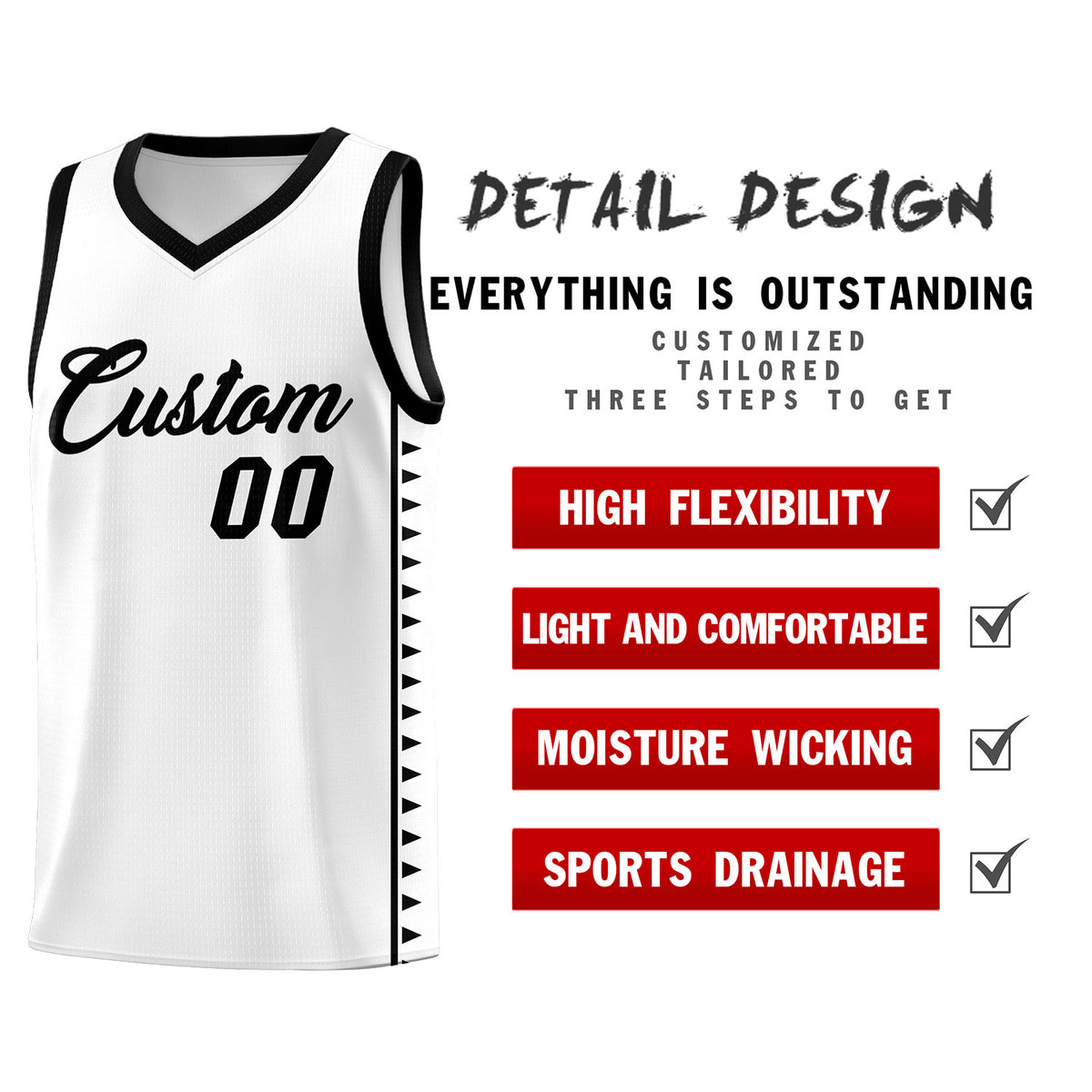 Custom White Black Basketball Kits With Side Zigzag Pattern