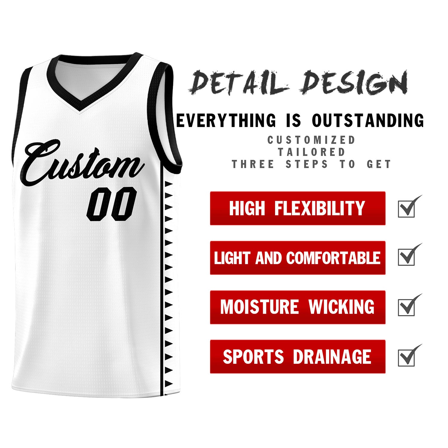 Custom White Black Basketball Kits With Side Zigzag Pattern