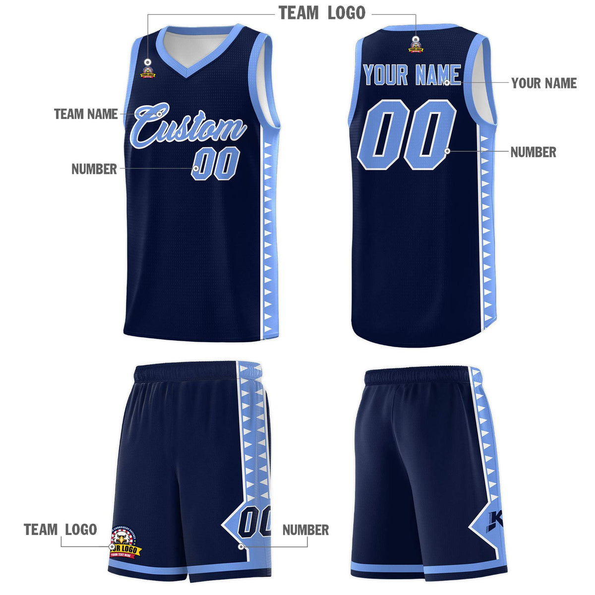 Custom Navy Light Blue Basketball Kits With Side Zigzag Pattern