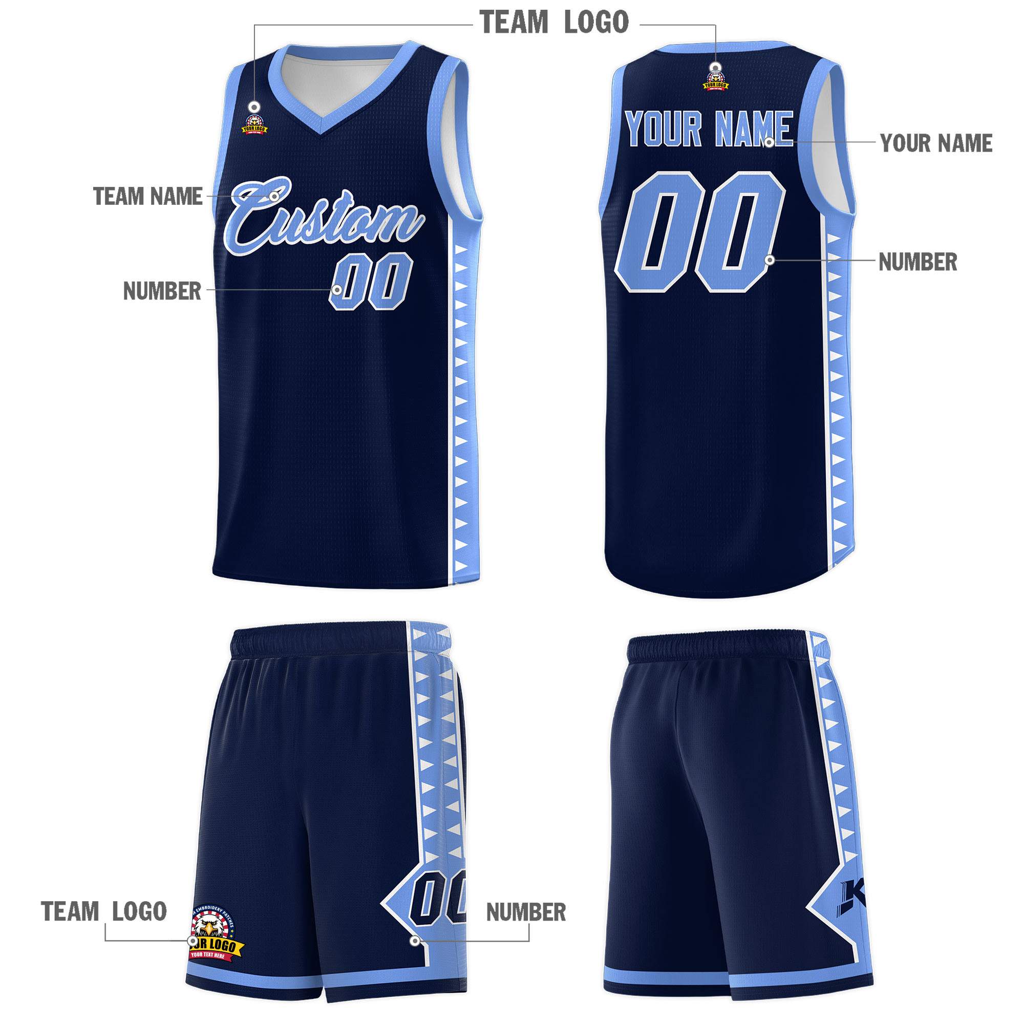 Custom Navy Light Blue Basketball Kits With Side Zigzag Pattern