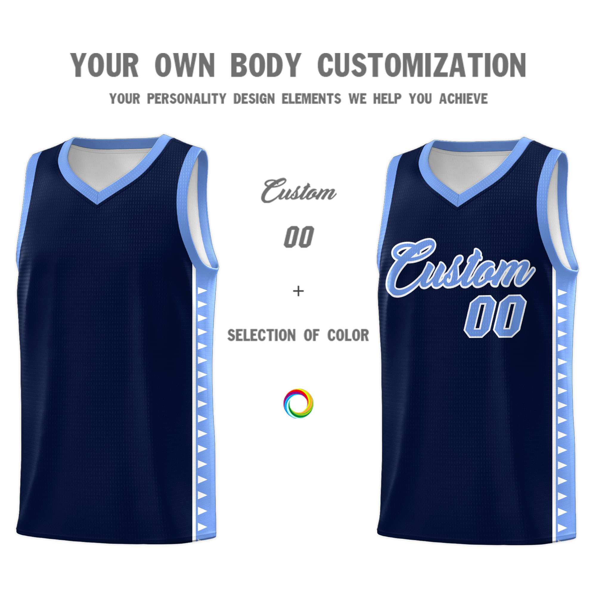 Custom Navy Light Blue Basketball Kits With Side Zigzag Pattern