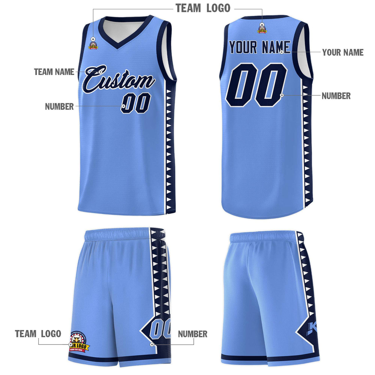 Custom Light Blue Navy Basketball Kits With Side Zigzag Pattern