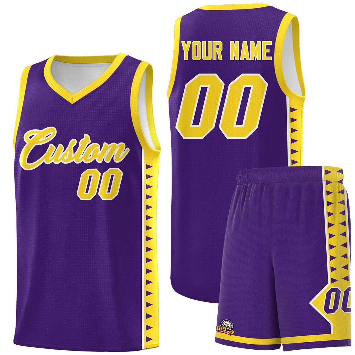 Custom Purple Gold Basketball Kits With Side Zigzag Pattern