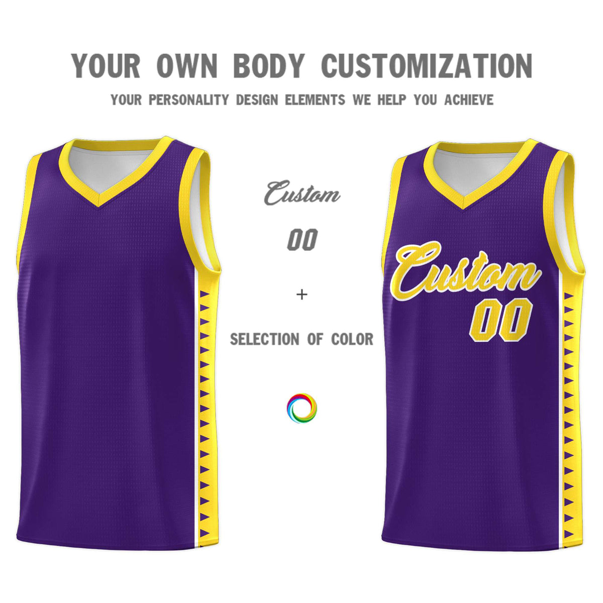 Custom Purple Gold Basketball Kits With Side Zigzag Pattern