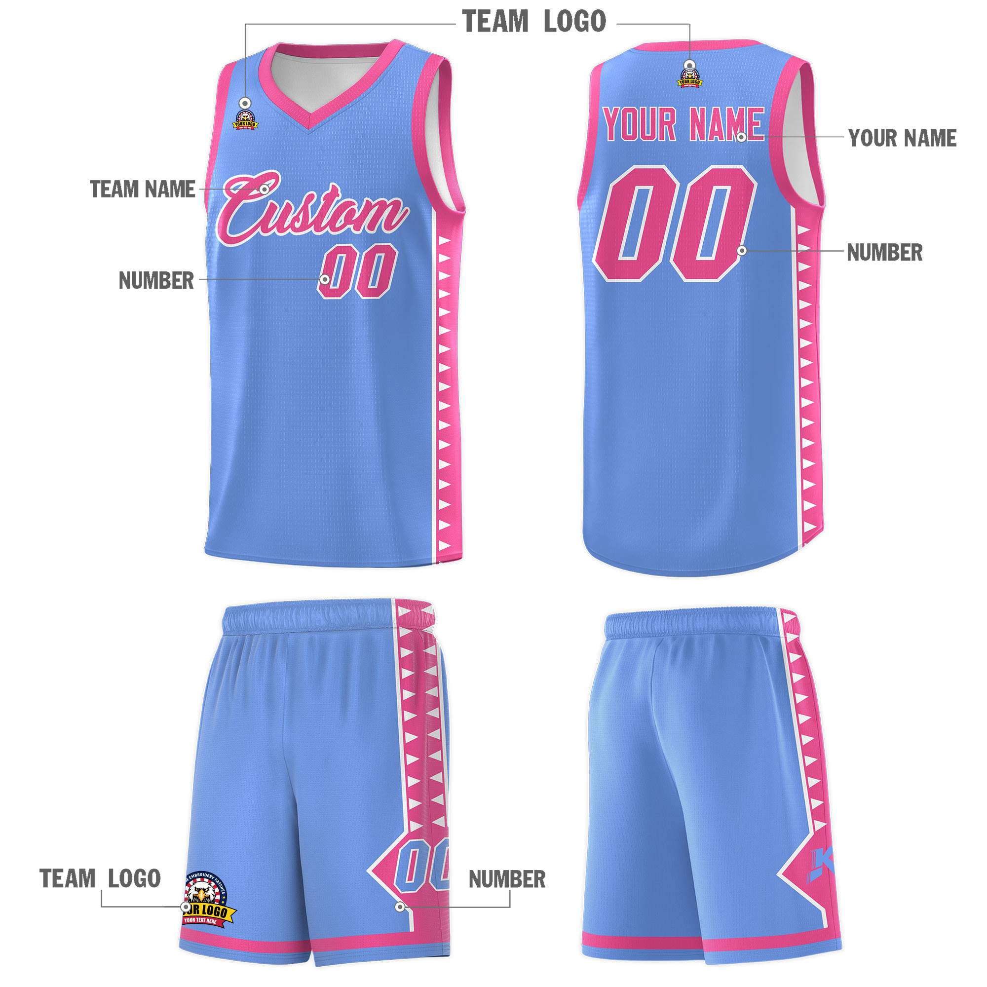Custom Light Blue Pink Basketball Kits With Side Zigzag Pattern