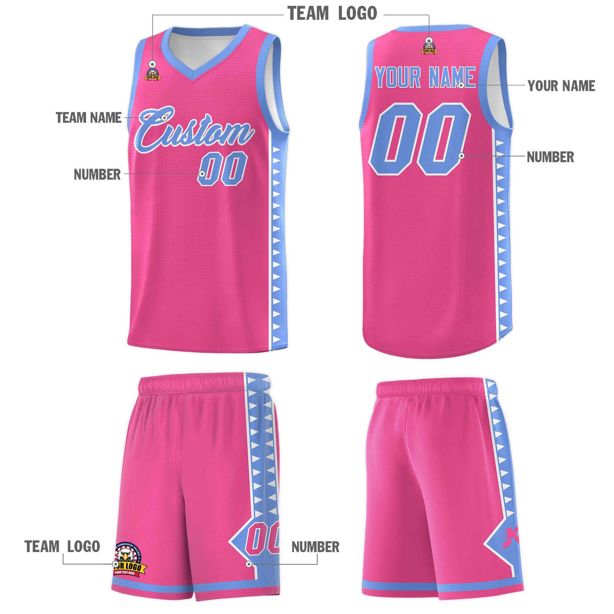 Custom Pink Light Blue Basketball Kits With Side Zigzag Pattern