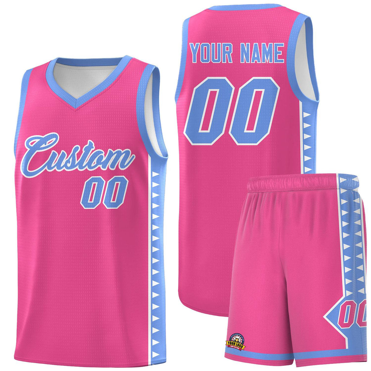 Custom Pink Light Blue Basketball Kits With Side Zigzag Pattern