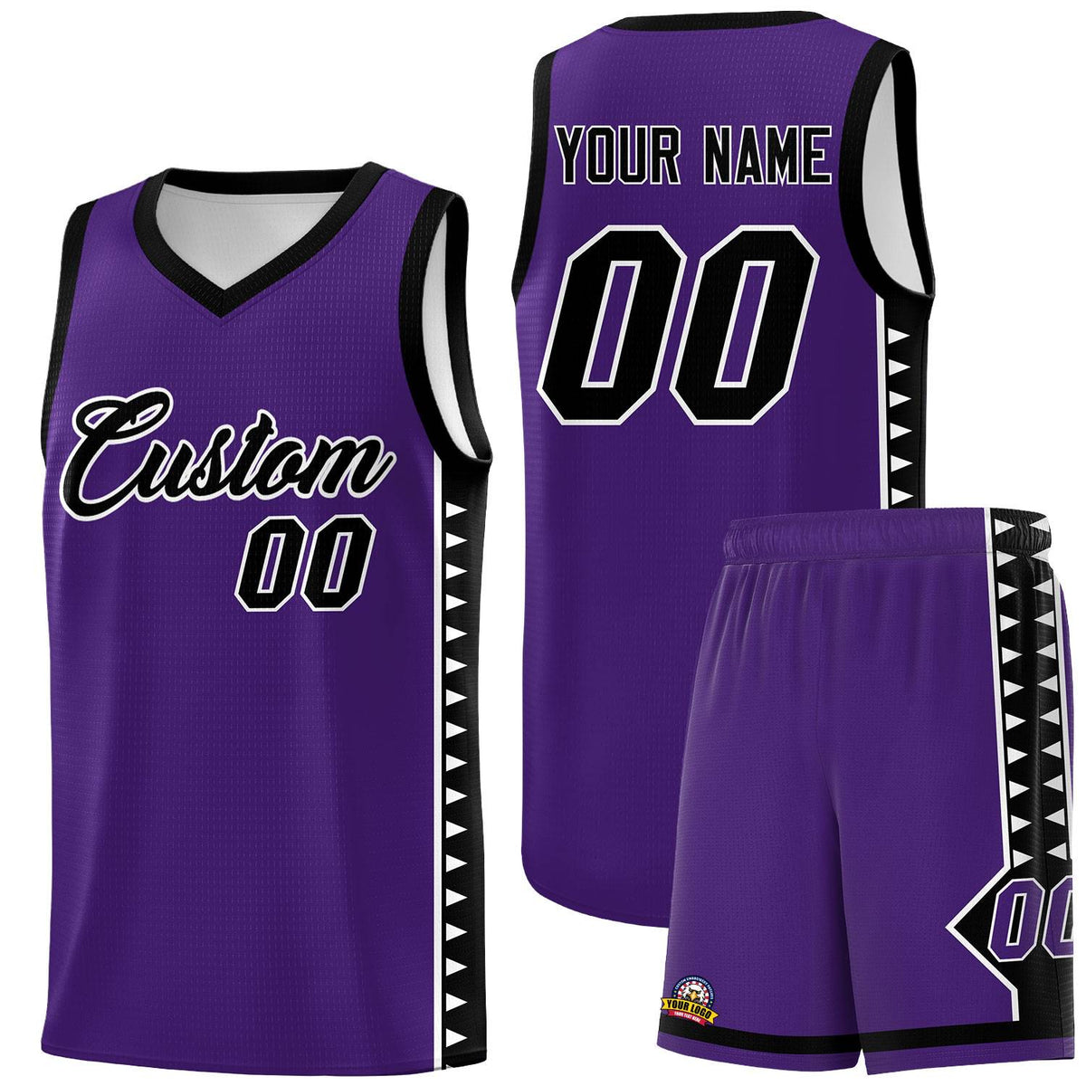 Custom Purple Black Basketball Kits With Side Zigzag Pattern