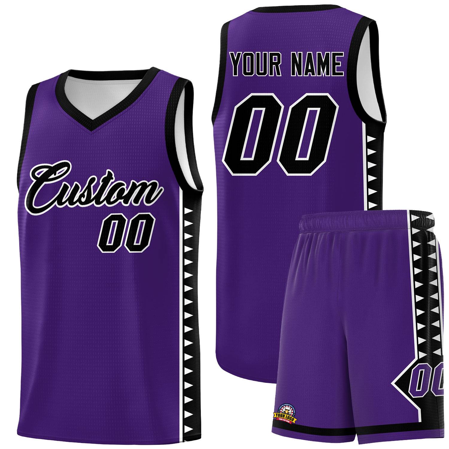 Custom Purple Black Basketball Kits With Side Zigzag Pattern