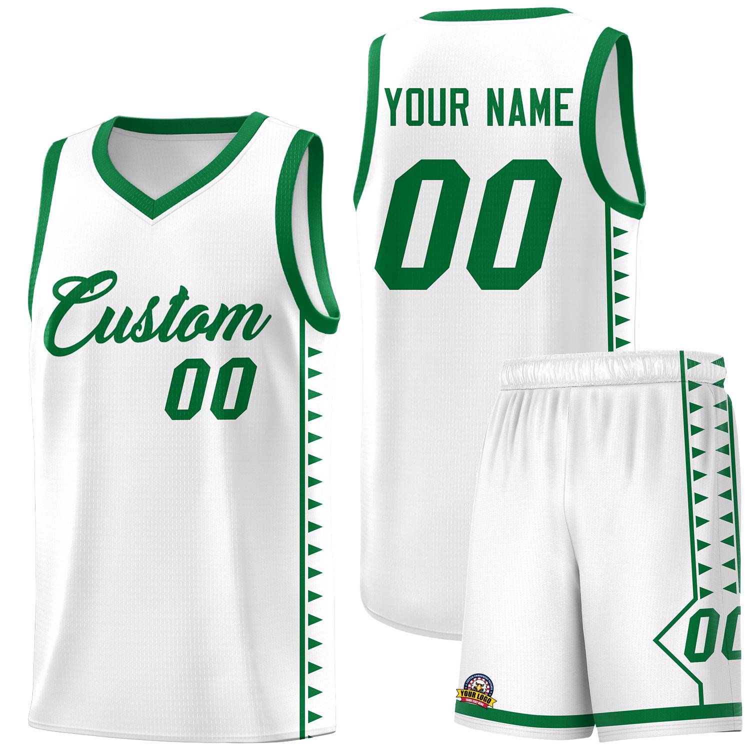 Custom White Kelly Green Basketball Kits With Side Zigzag Pattern