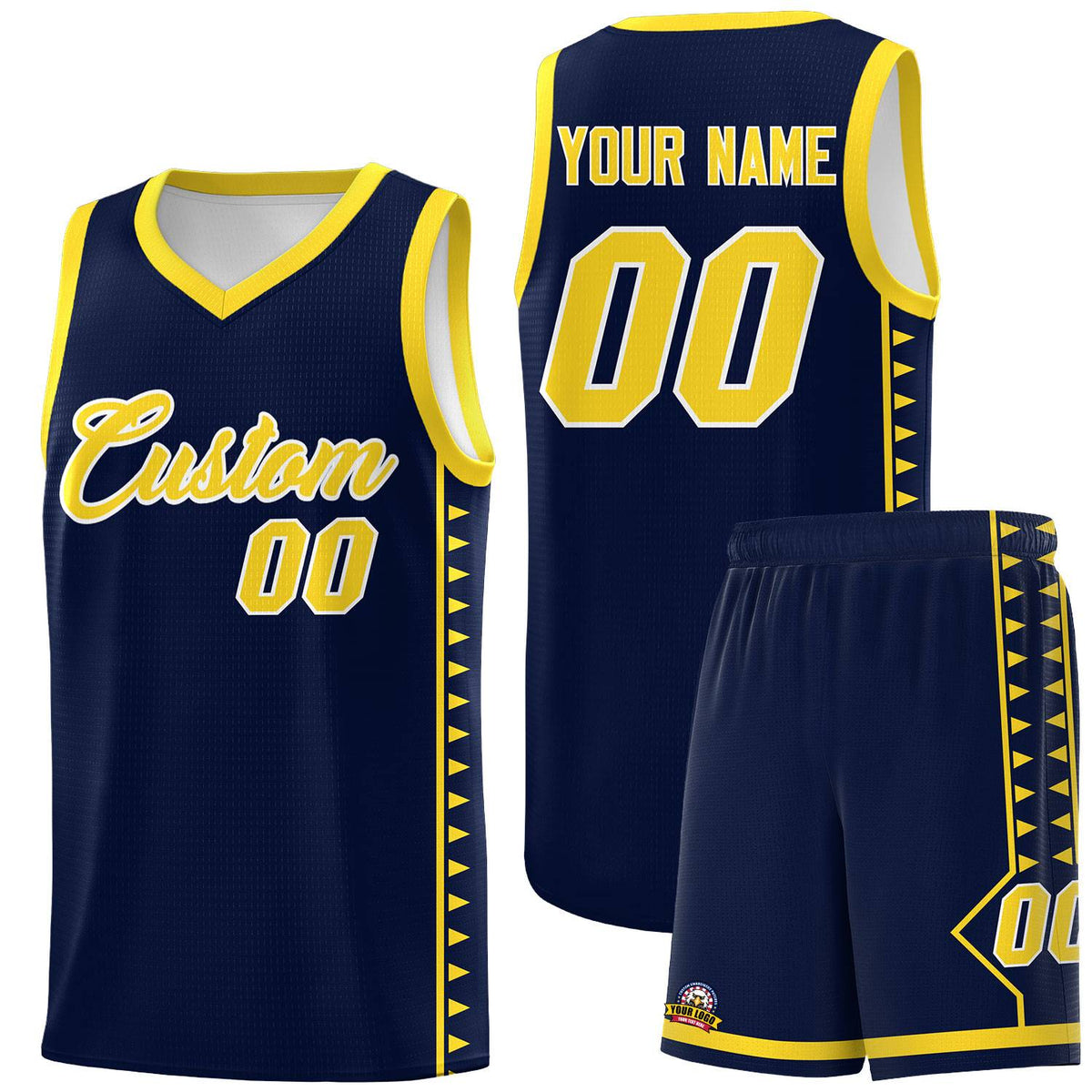 Custom Navy Gold Basketball Kits With Side Zigzag Pattern