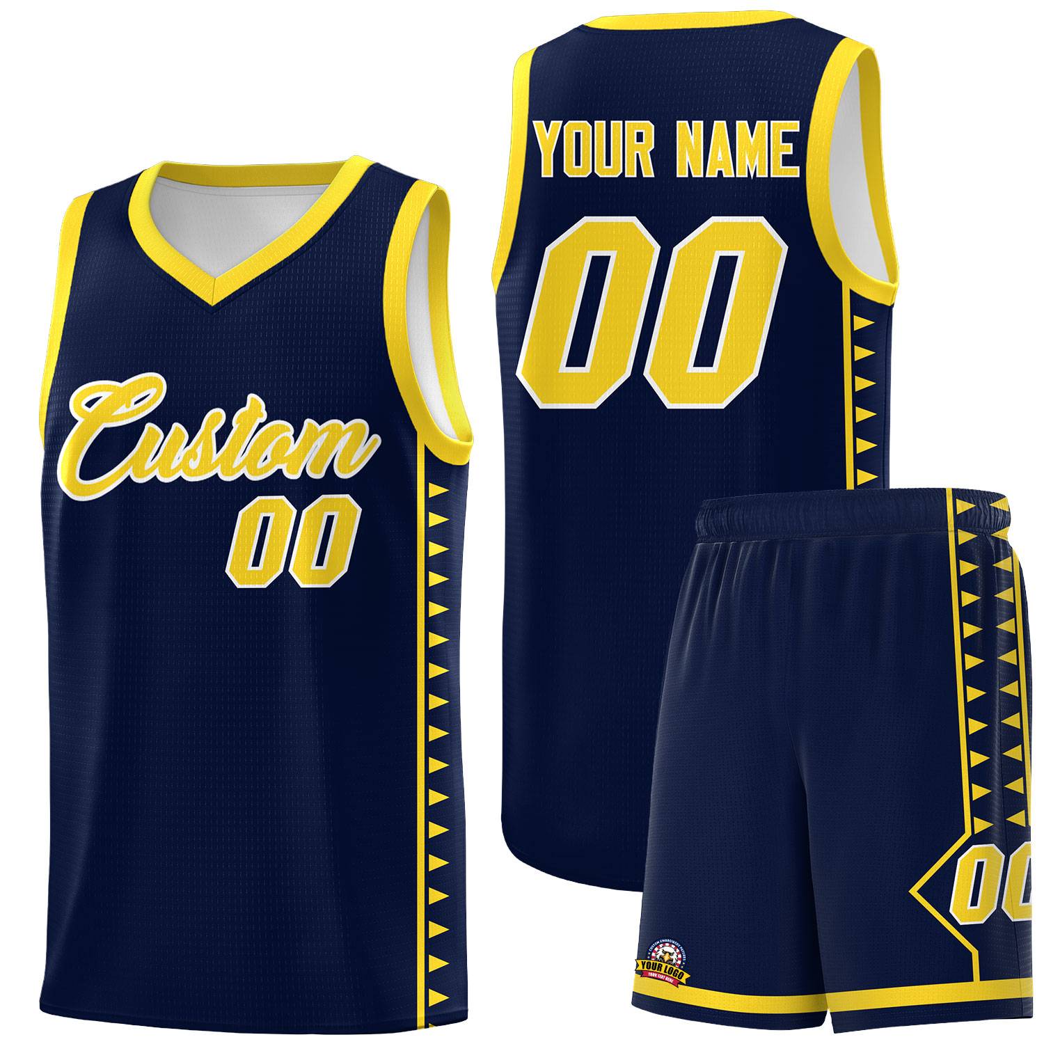 Custom Navy Gold Basketball Kits With Side Zigzag Pattern