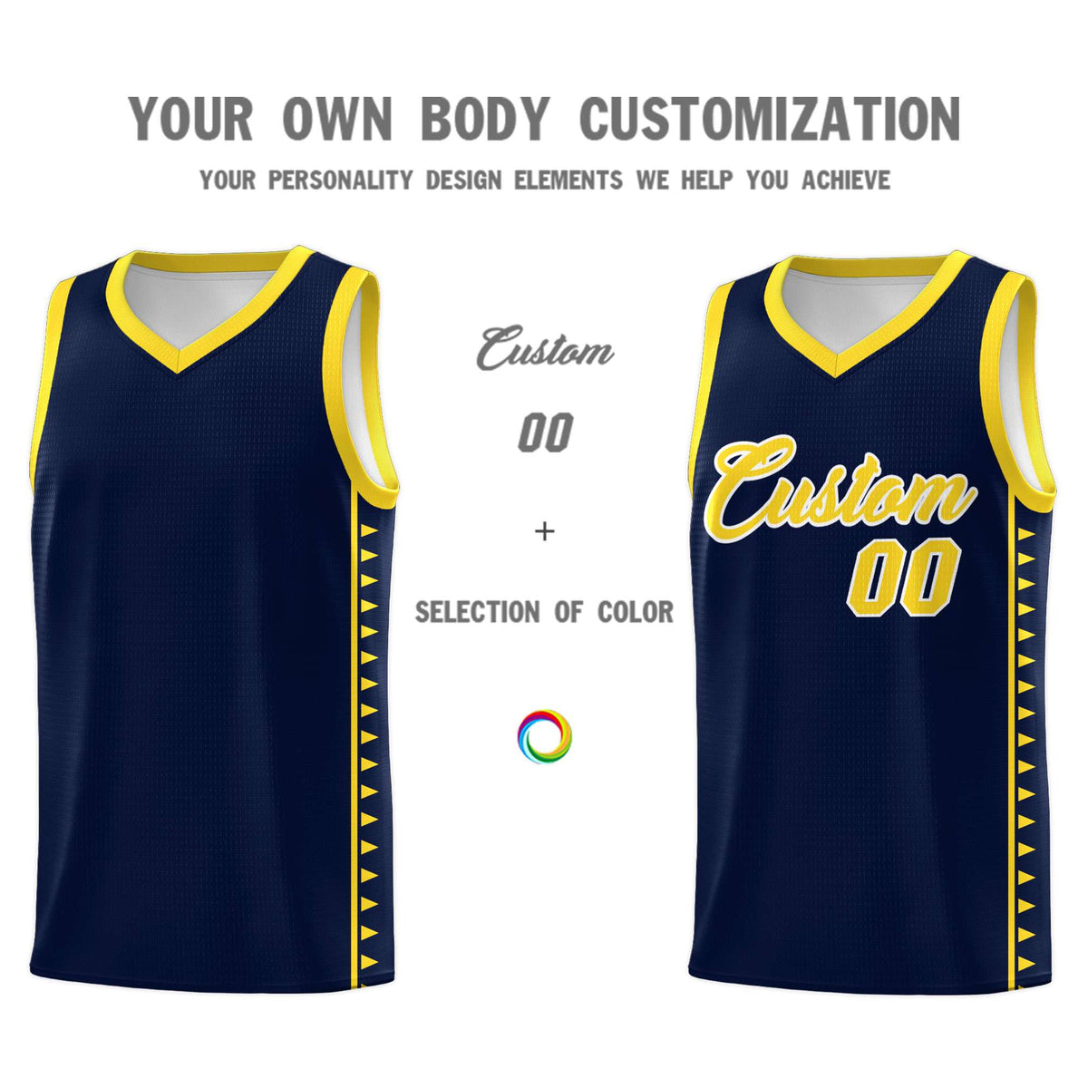 Custom Navy Gold Basketball Kits With Side Zigzag Pattern