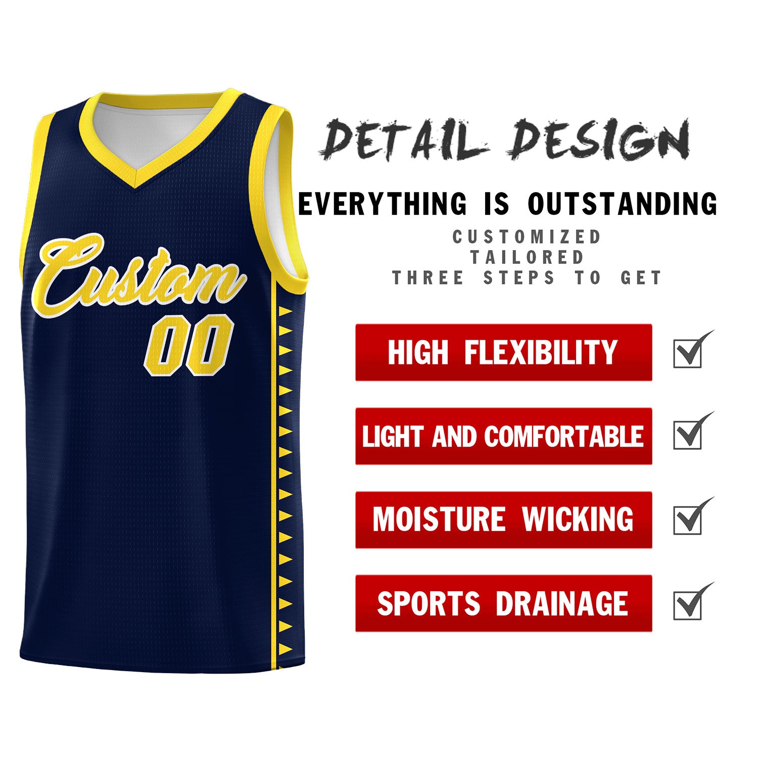 Custom Navy Gold Basketball Kits With Side Zigzag Pattern