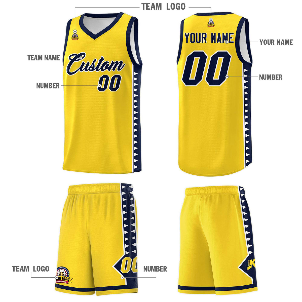 Custom Gold Navy Basketball Kits With Side Zigzag Pattern