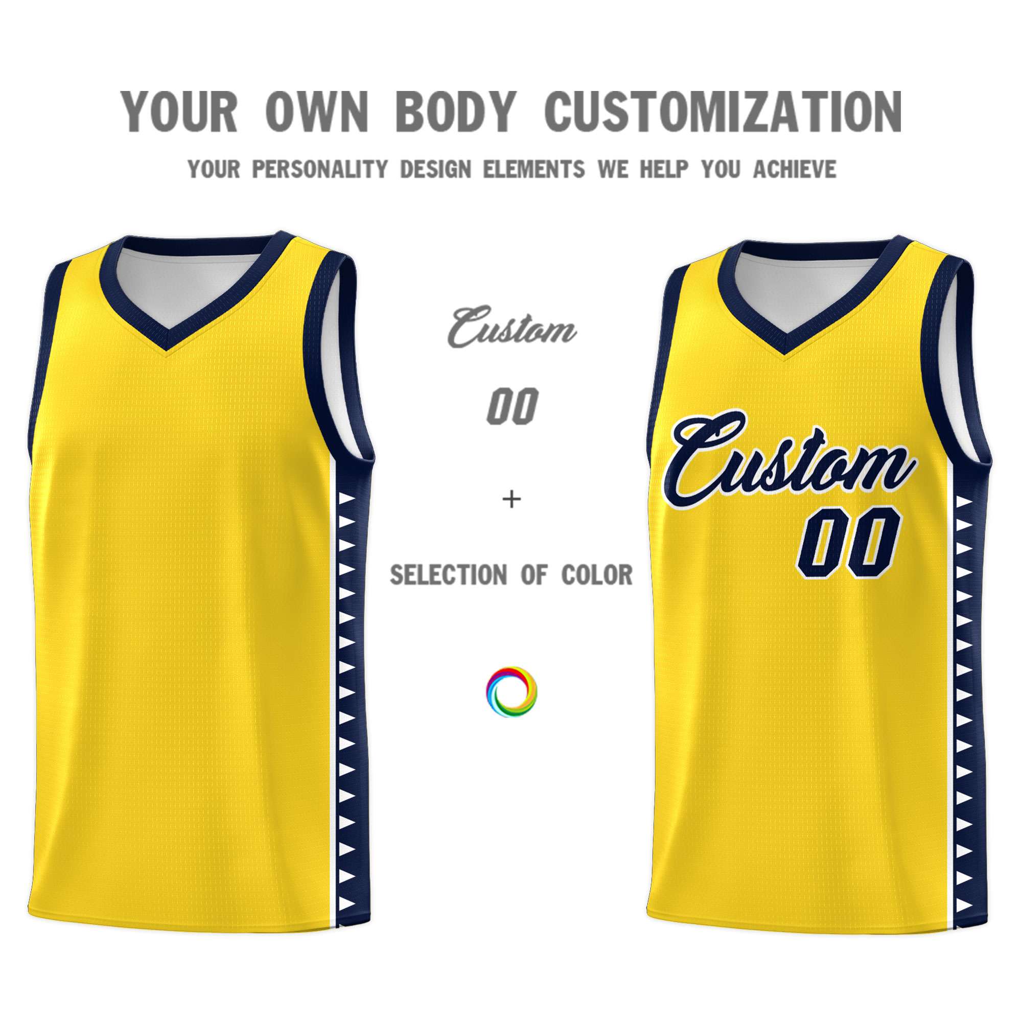 Custom Gold Navy Basketball Kits With Side Zigzag Pattern