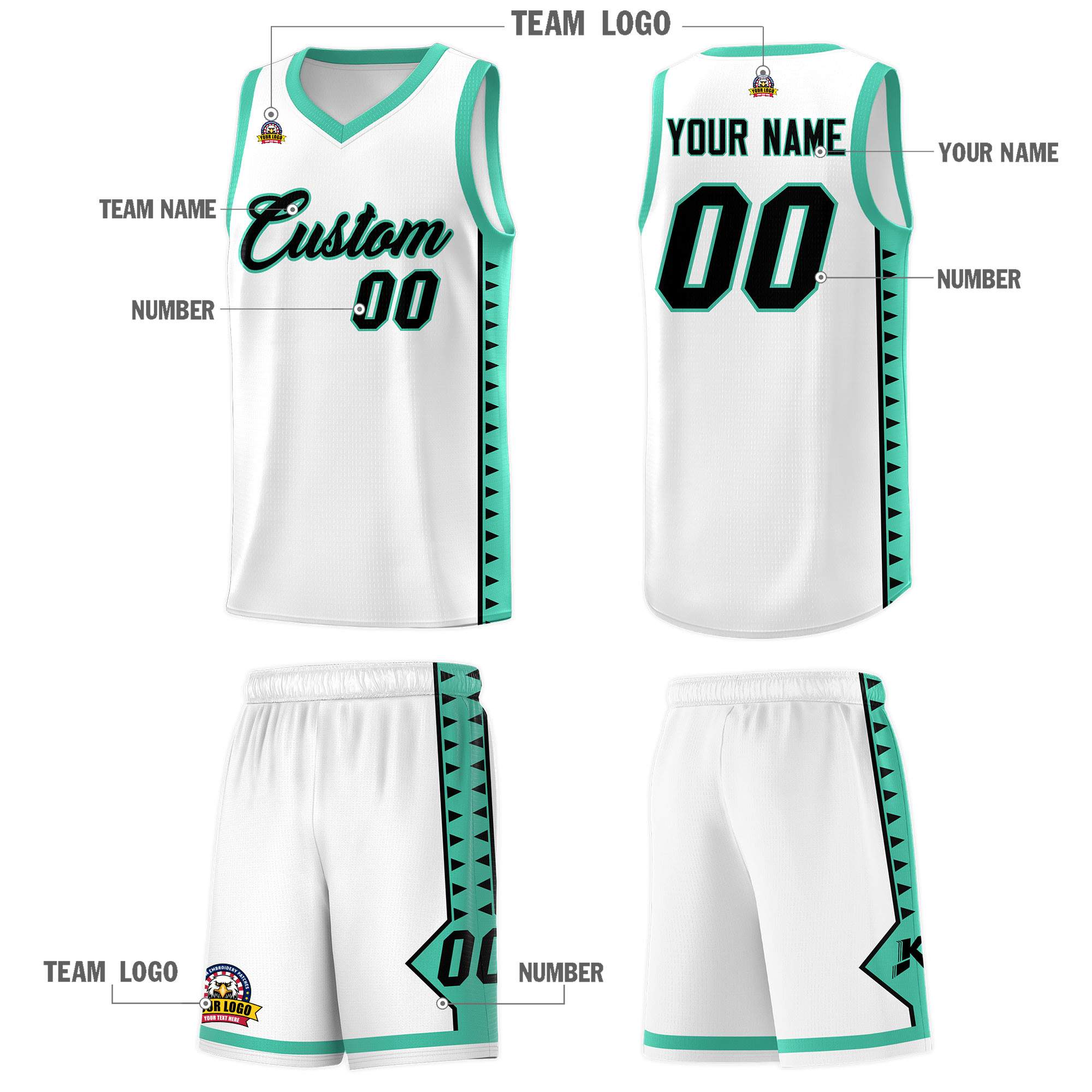 Custom White Bright Green Basketball Kits With Side Zigzag Pattern