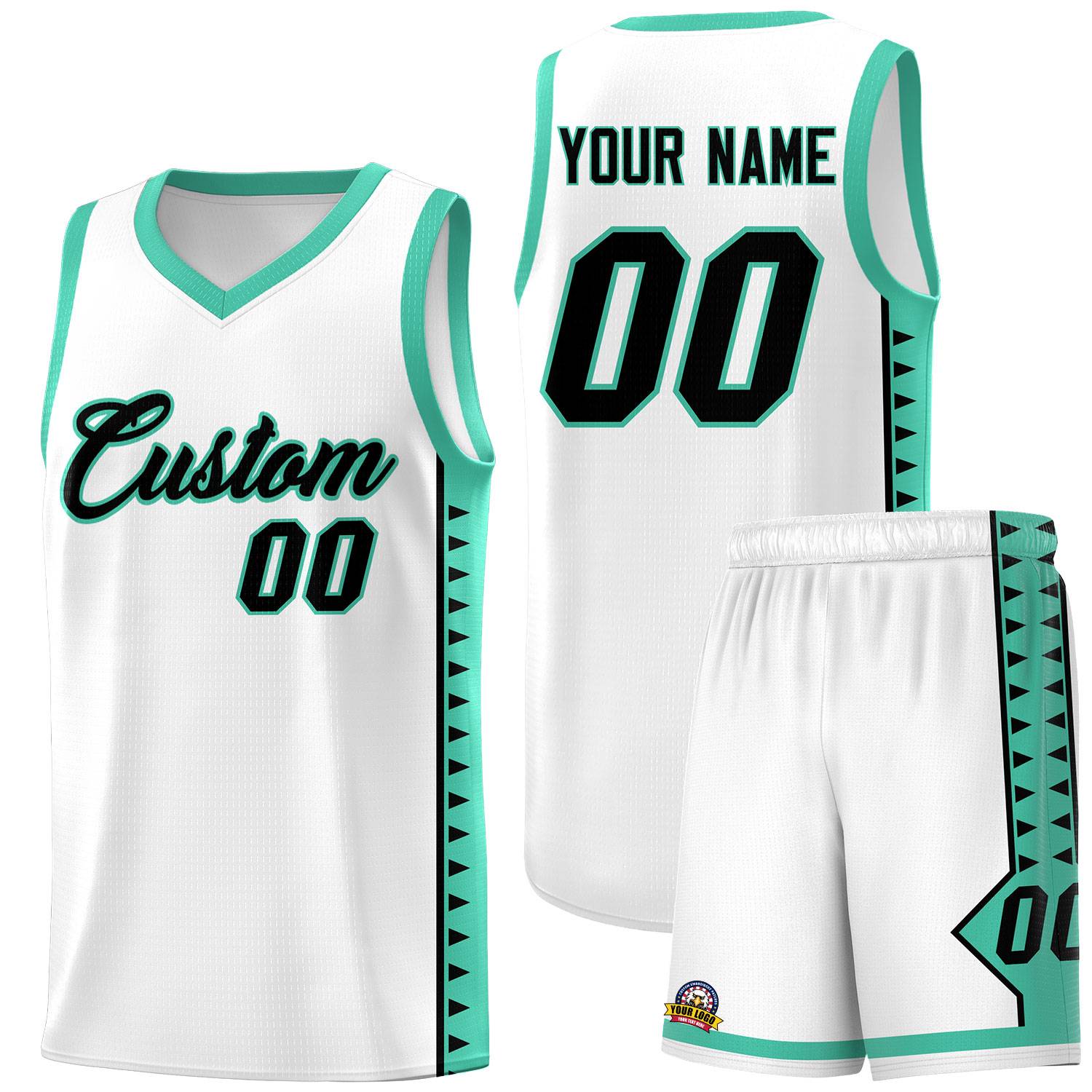 Custom White Bright Green Basketball Kits With Side Zigzag Pattern