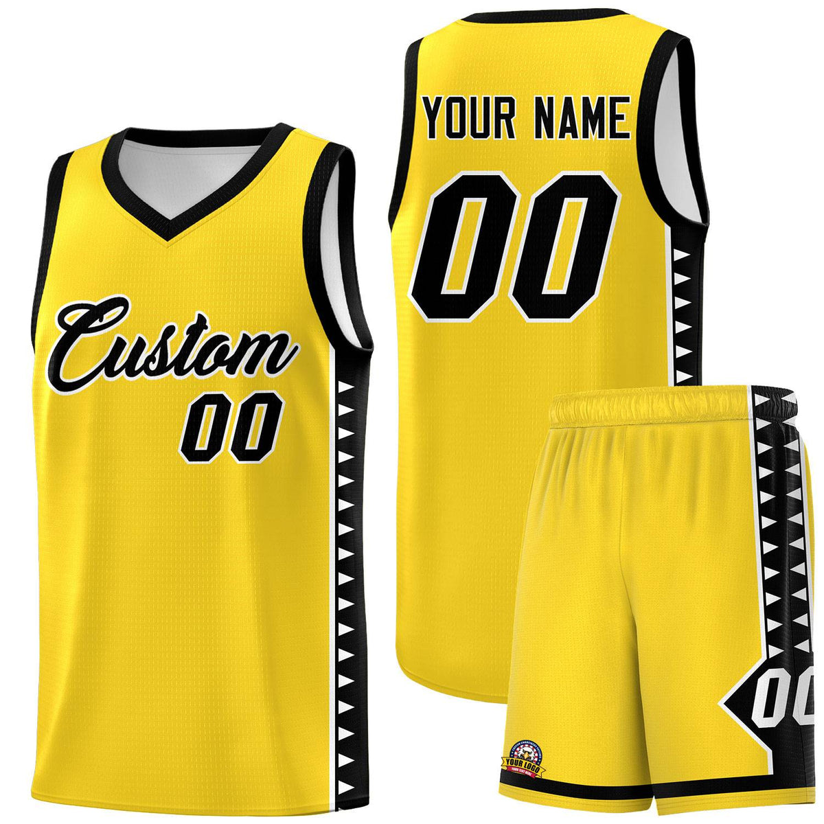 Custom Gold Black Basketball Kits With Side Zigzag Pattern