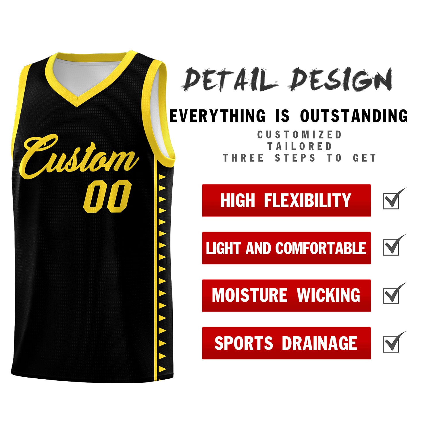 Custom Black Gold Basketball Kits With Side Zigzag Pattern